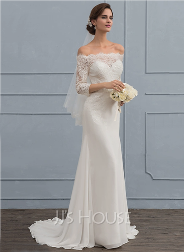 JJ'S HOUSE 121439 Off Shoulder Sweep Train Chiffon Wedding Dress Sz 8 NWT - Picture 2 of 8