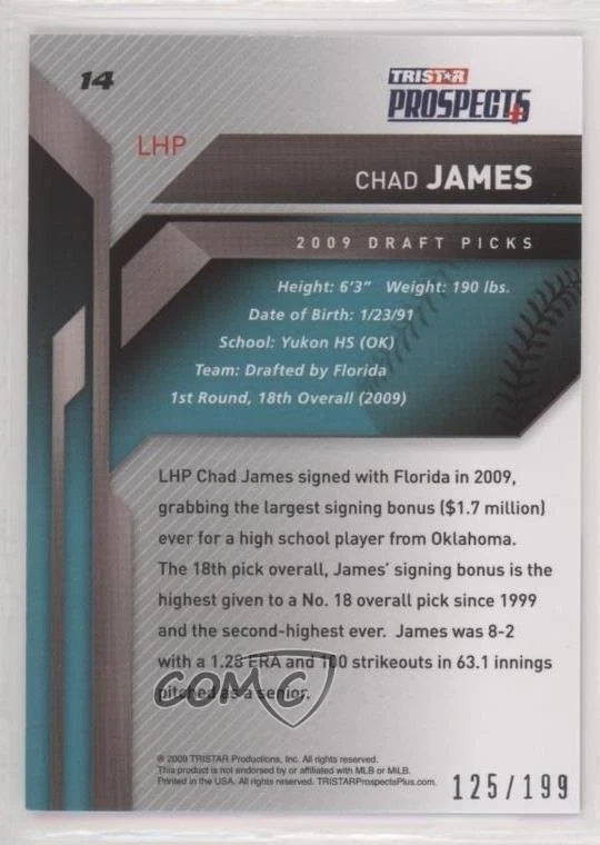2009 TRISTAR Prospects Plus Auto /199 Chad James #14 Auto - Image 2 of 2