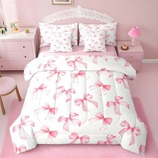 Pink Bow Bed Set for Boys Girls Full Size Cute Dreamy Princess Style 7 Pieces...
