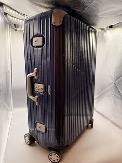 RIMOWA Hartschalen Koffer Aluminium blau 4 Rollen Schloss 60L Spanngurte