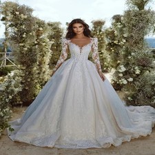 Wedding Dress for Women Long Sleeves Appliques Button Back  A-line Bridal Gown