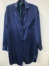 Vtg Victoria's Secret Gold Label Satin Night Button Long Shirt XS Royal Blue