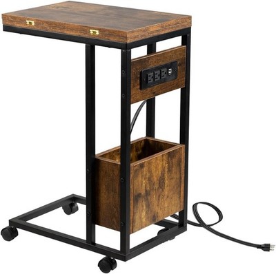 For Hadulcet C Shaped End Table with Charging Station & Foldable Tabletop, Fol