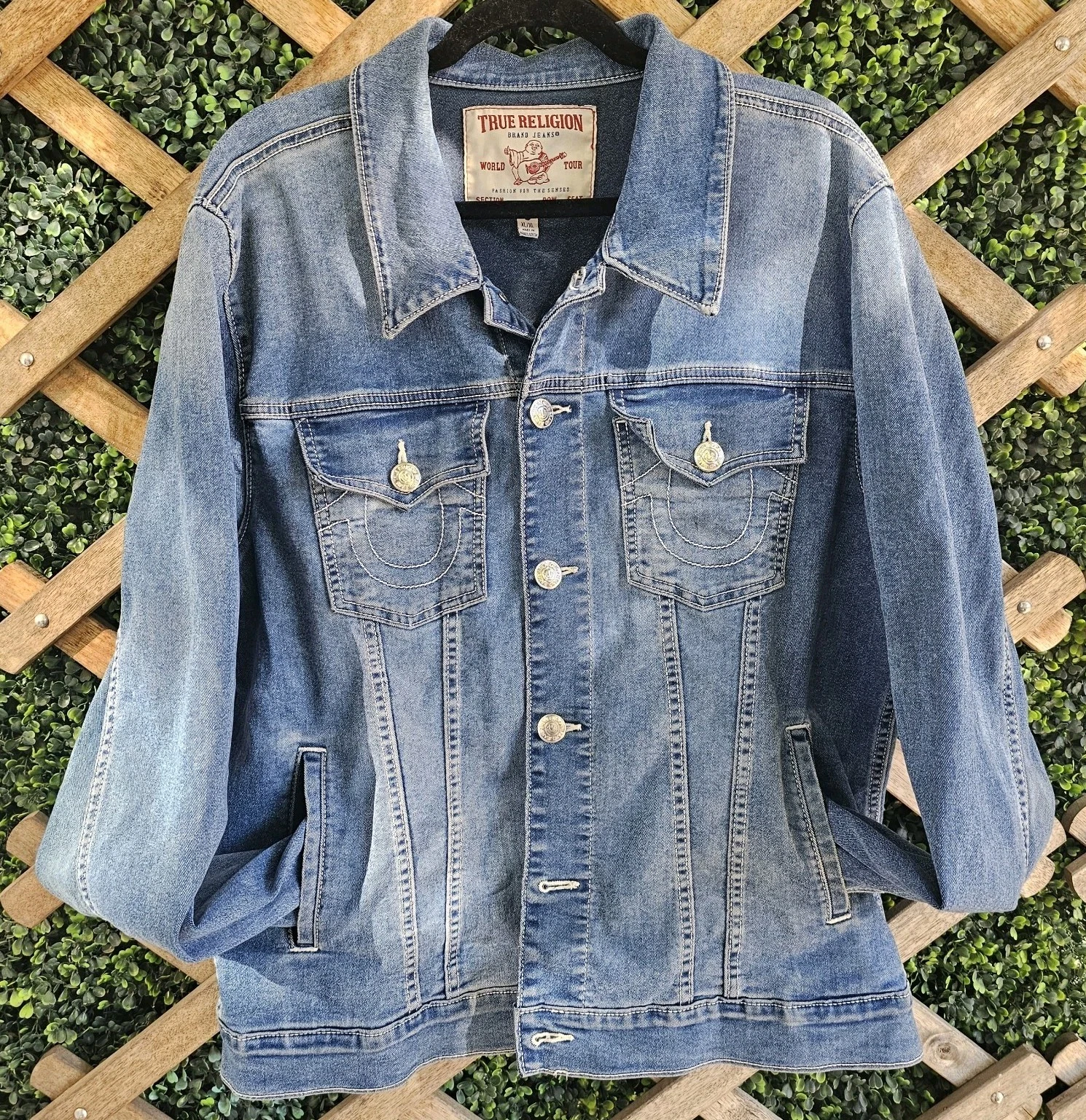 ​True Religion Jimmy Denim Jacket Mens XL Blue Horseshoe Flap Pockets Trucker  image 1