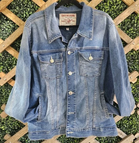 ​True Religion Jimmy Denim Jacket Mens XL Blue Horseshoe Flap Pockets Trucker  video thumbnail