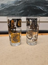MCM Vintage Highball Glasses Tall Black & Gold Pair "Currency Through The Ages"