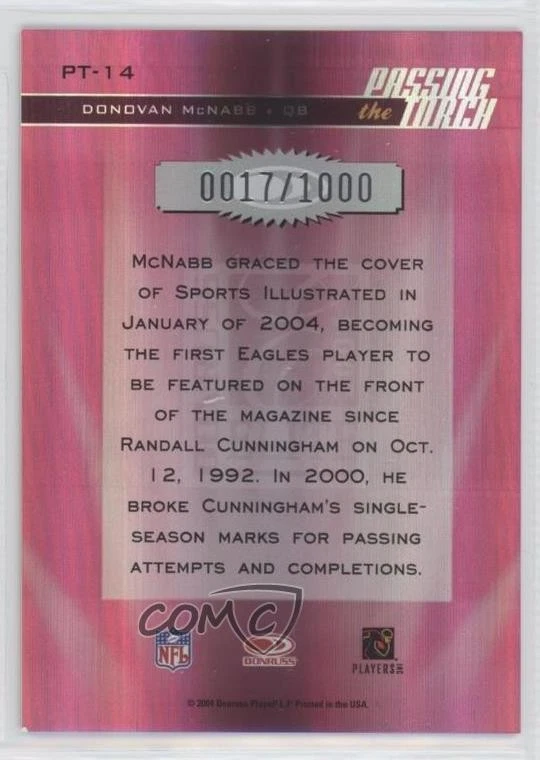 2004 Donruss Elite Passing the Torch /1000 Donovan McNabb #PT-14 - Image 2 of 2