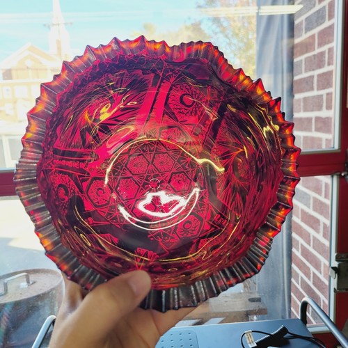 L. E. Smith Red Carnival Glass Pinwheel Comet Stars Bowl – Glows - Picture 8 of 9