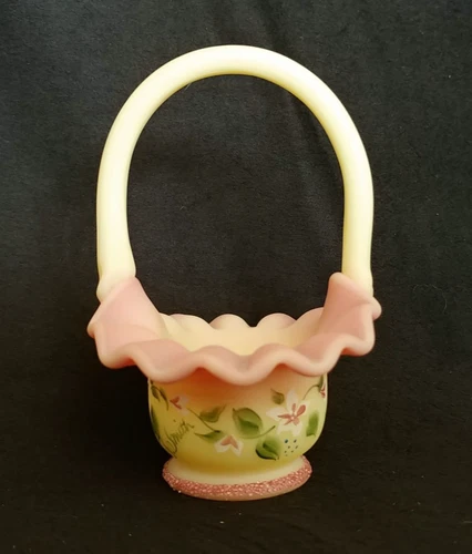 Vtg Fenton Burmese Glass Mini Basket 10th Anniversary of QVC Signed
