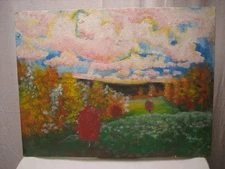 Vintage Hand Painted Original Pink White Sky Fall Colors Painting 24 X 18 Inches