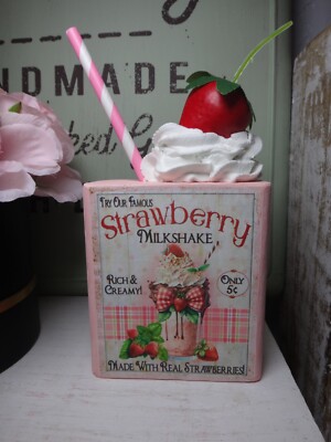 Farmhouse Home Décor Tiered Tray Chunky wood Block sign Strawberry Milkshake
