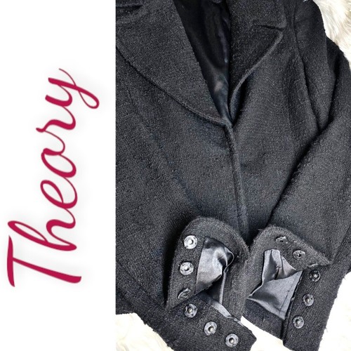 Theory Black Tweed Snap Front Wool Blazer Jacket, Size 6 - Picture 6 of 10