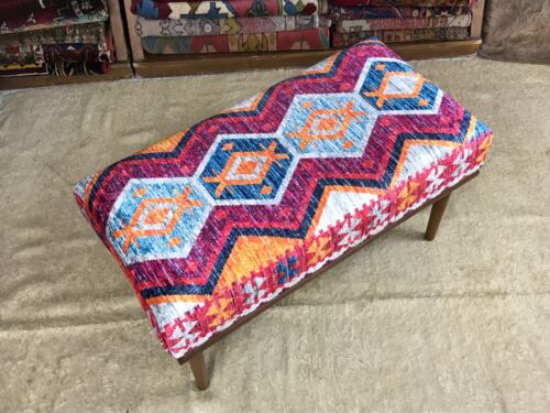 Handmade Kilim Upholstered Ottoman Footstool Piano Entryway Bedroom Bench - Picture 5 of 13