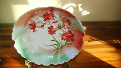 Porcelain Bowl Hand Painted Artist Signed Carnations'' - Green White 7'' Vintage