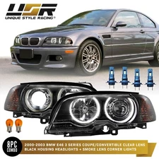 FULL LED Angel Halo Projector Headlight + Smoke Corner For 00-03 BMW E46 2D / M3