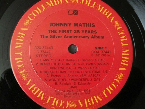 JOHNNY MATHIS THE FIRST 25 YEARS THE SILVER ANNIVERSARY ALBUM 2X VINYL 1981 EX - Picture 4 of 7