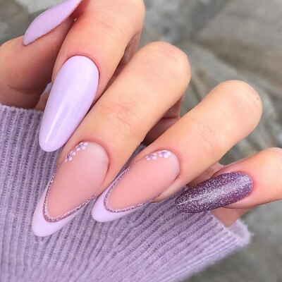 24 Pcs Press on Nails Reusable Almond Nail Glitter Light Purple French False Tip