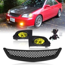 Fit 2001-2003 Honda Civic Front Bumper Grille Yellow Lens Fog Lights Lamps Kit