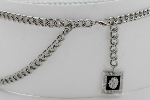 Women Fashion Belt Hip High Waist Silver Metal Chain Square Lion Buckle M L XL - Picture 10 of 12