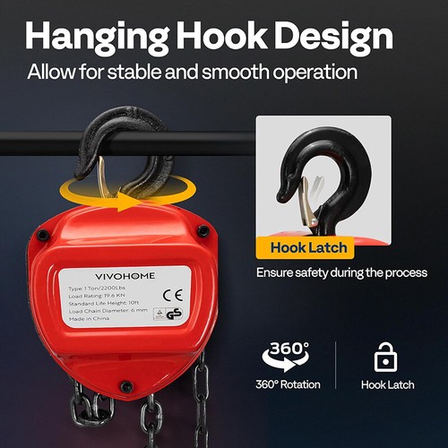 Chain Hoist 1 Ton 10ft 2200Lbs Heavy Duty Pulley Hoist w/ G80 Manganese Steel - Picture 2 of 7