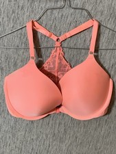 Womens Victoria Secret Lace Push Up Racer back Demi Bra Size 34DD Coral Pink