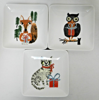 Pottery Barn Denise Fiedler Christmas plate set 3 Owl Fox Cat Comfort Creatures