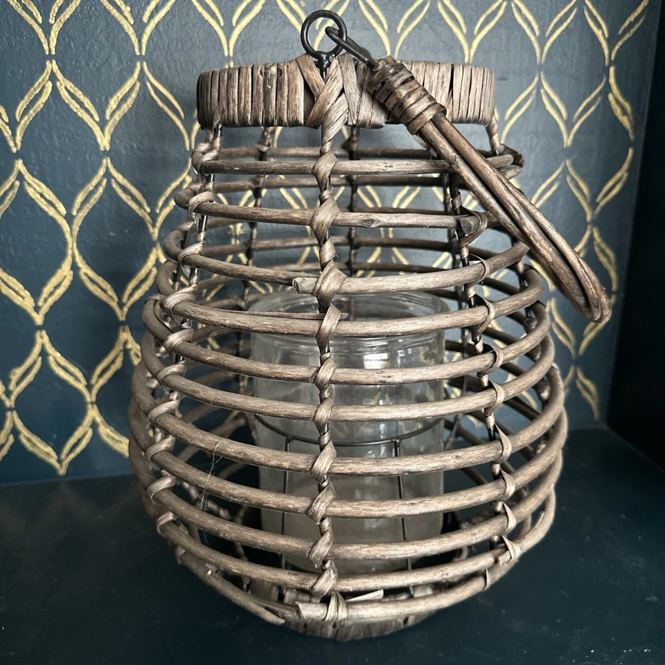 "Canasta de mimbre rústica de granja linterna de vela 12"" de alto soporte de vidrio" Foto 2 de 4
