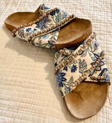 Anthropologie Floral Beaded Crisscross Slide Sandals Size 39 Boho Cottagecore