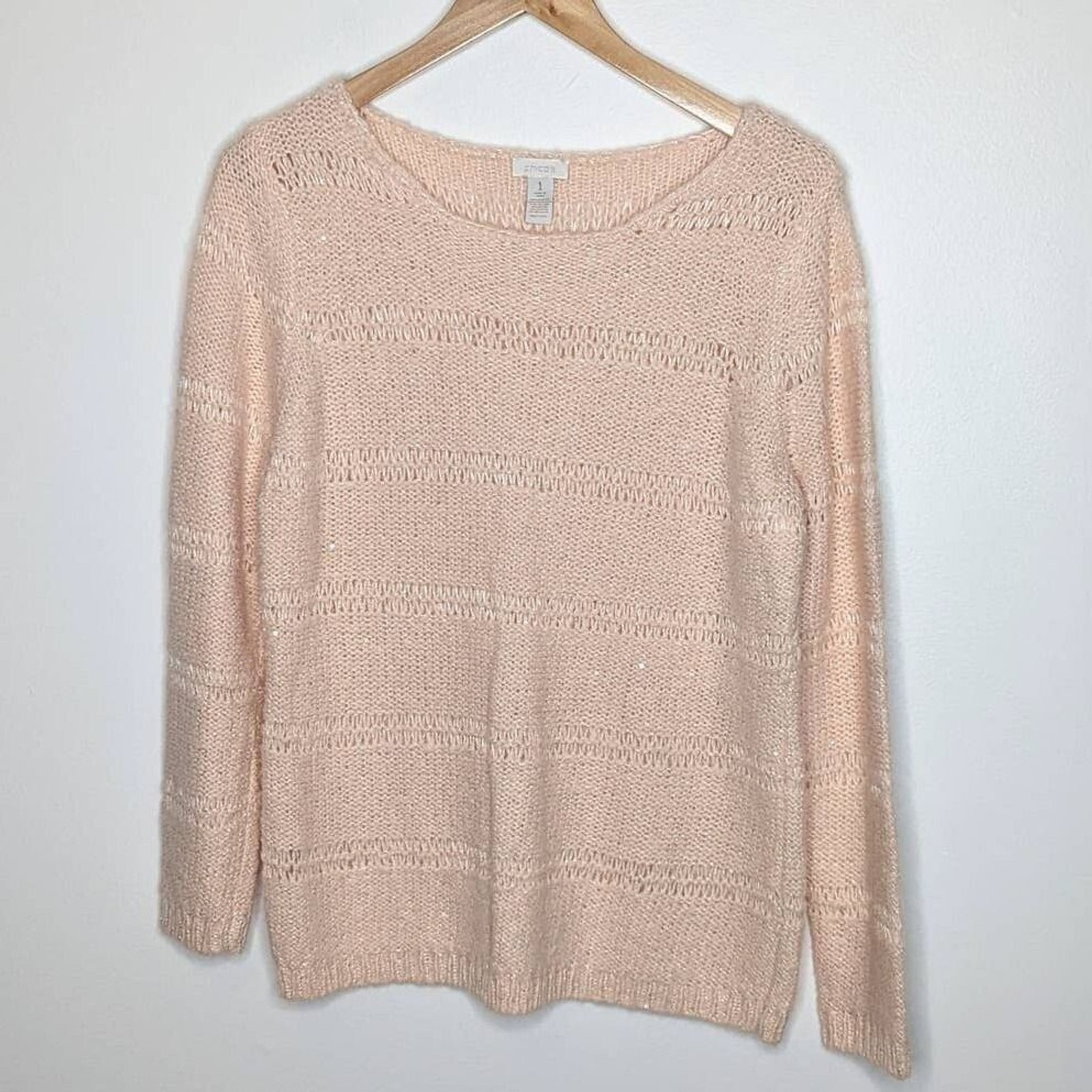 Chico's Sweater Light Pink Metallic Silver Crew Neck Loose Knit Women's 1 / M
