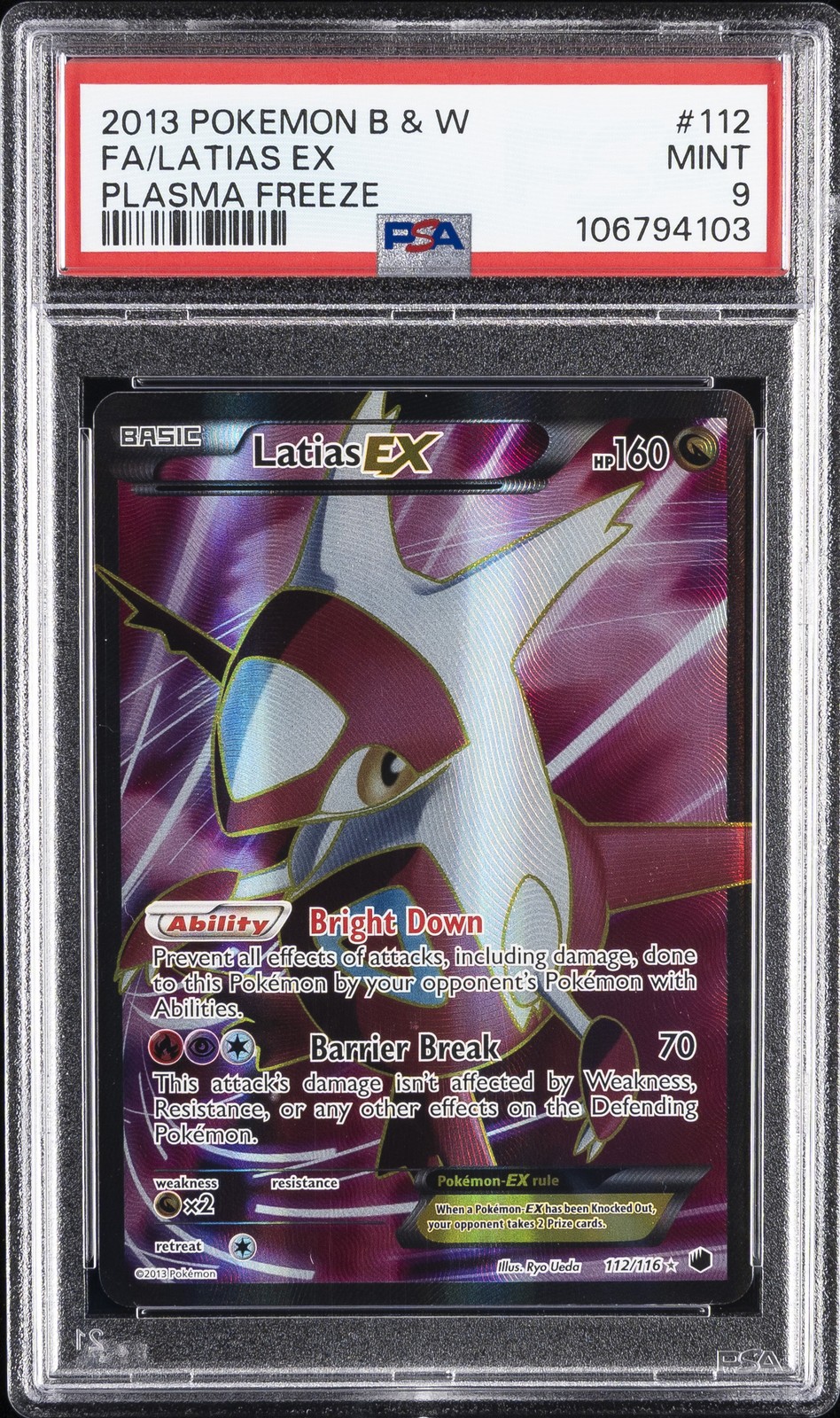 2013 POKEMON B&W PLASMA FREEZE #112 FULL ART/LATIAS EX PSA 9