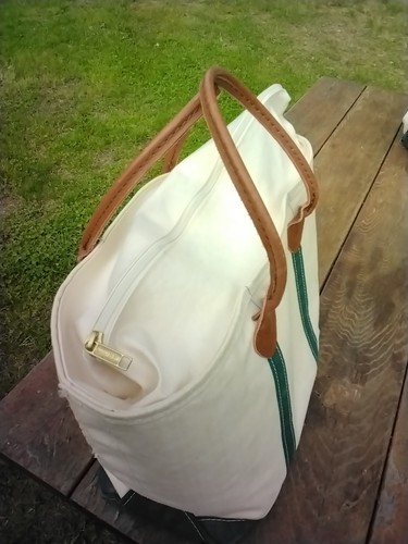 Vintage LL Bean Green Trim Boat & Tote Canvas Zip Top Bag Leather Handles - Picture 2 of 9