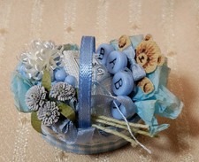 VINTAGE ARTISAN MADE BABY GIFT BASKET FOR MINIATURE DOLLHOUSE OR ROOMBOX