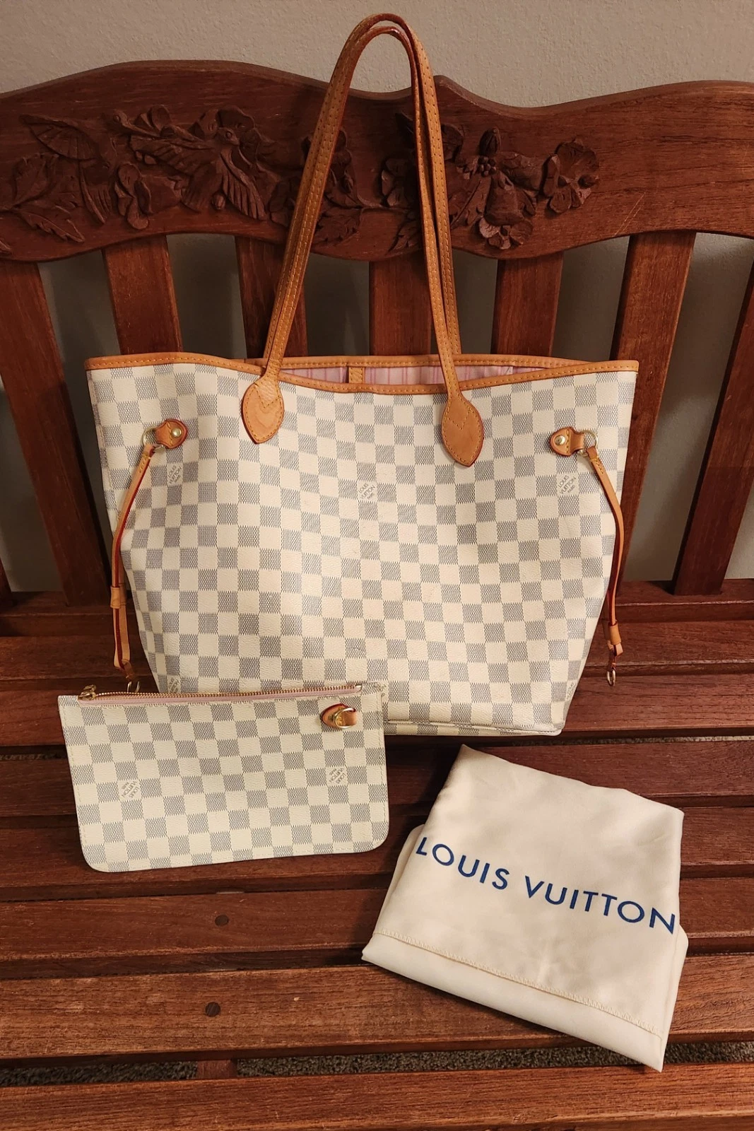 LOUIS VUITTON（LV） Borsa Louis Vuitton LV Tote Bag Neverfull MM bianca damier azzurra con custodia antipolvere