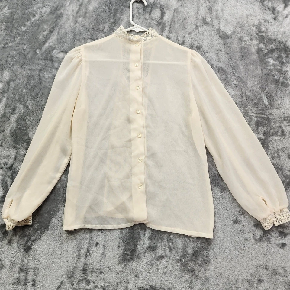 Top Lisa Evans vintage años 80 mujer 10 marfil gasa cuello alto encaje superposición occidental Foto 3 de 4