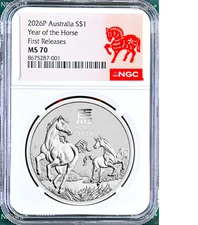 2026 Australia .9999 Silver Lunar Year of the Horse NGC MS70 1oz $1 Coin FR