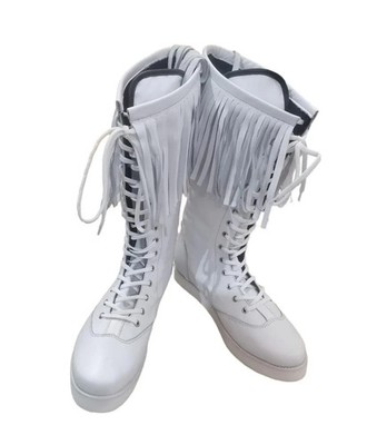 Profi Ringerstiefel, 100% reines Leder, Handarbeit, Farbe weiß, Fransenstil