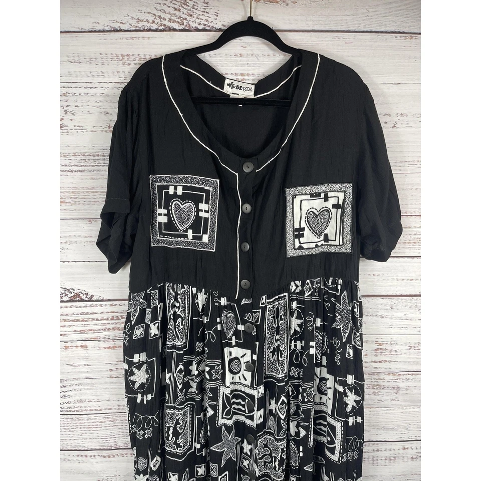 Vestido We Be Bop Para Mujer 1X Negro Blanco Boho Bolsillos de Retazos Botón Rayón Artístico Foto 2 de 4