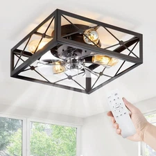 Caged Flush Mount Ceiling Fans with Lights and Remote, Black Square Rustic Lo...