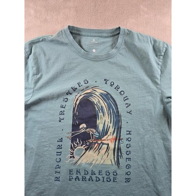 Rip Curl T-Shirt Mens L Blue Surfer Skeleton Wave Graphic Tee *Read