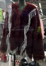 Wine Faux Fur Coat with Beaded Fringe Tassels
