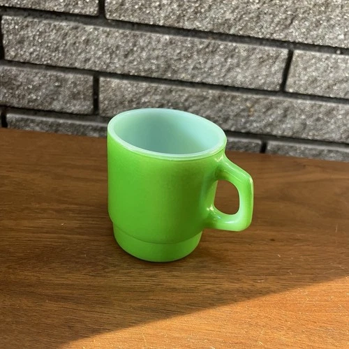 Vintage Anchor Hocking Fire King Oven-Proof USA Green 70’s Milk Glass Mug Cup