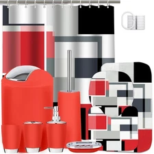 Red Bathroom Set, 23-Piece Red Black Geometric Bathroom Decor Set with with S...