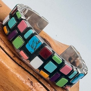 Mexico Sterling Silver Multi Stone Three Dimentional Cuff Bracelet 67 Grams NEW