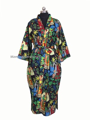 Black Farida Kahlo Print Cotton Kimono Robe Indian Handmade Women Cotton Kimono