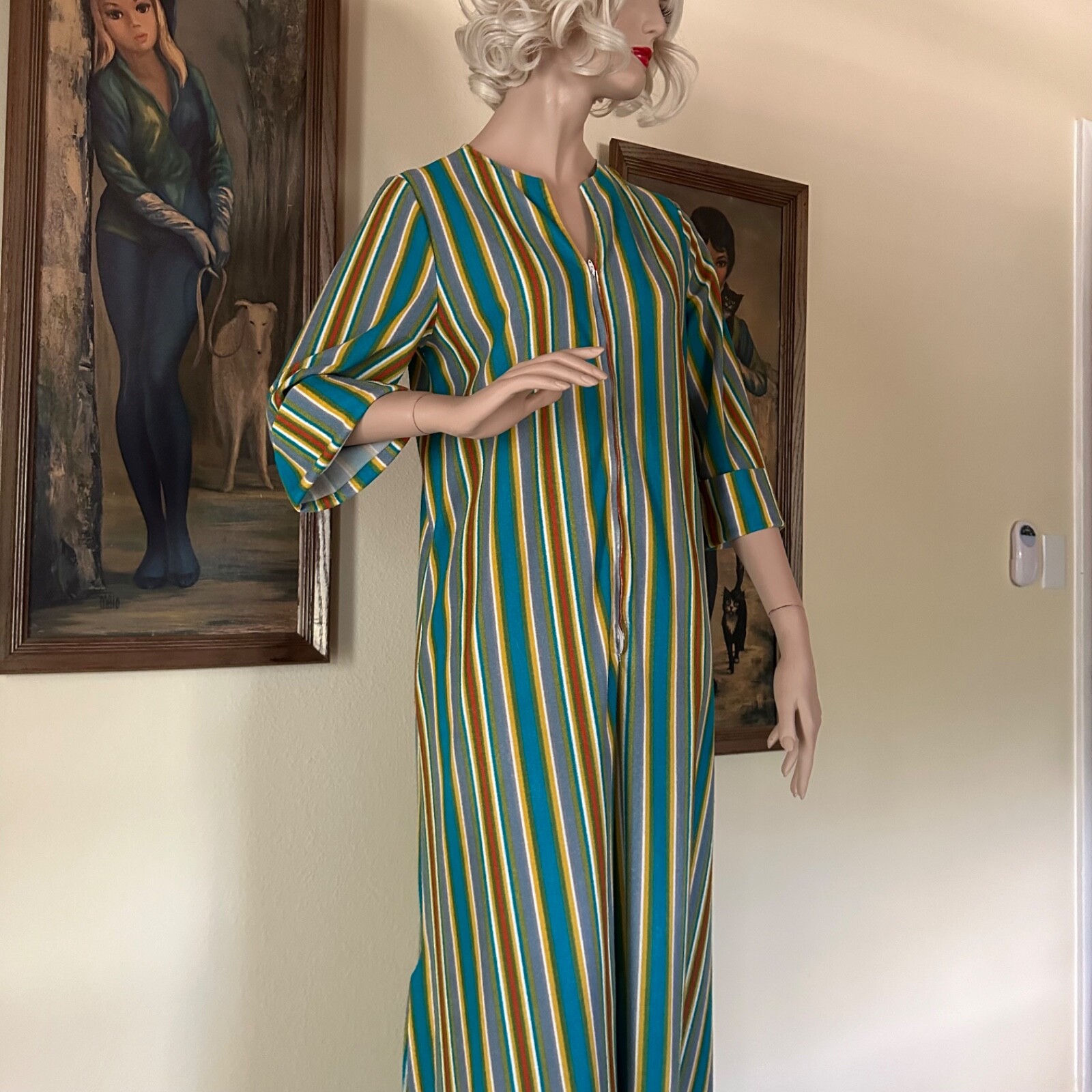 Vtg 70s Striped Terry Cabana Zip Front Robe Mrs Roper… - Gem