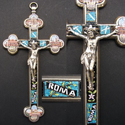 Antique Italian Micro Mosaic Cross Crucifix, Grand Tour Rome