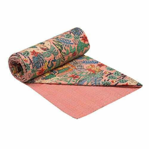 Multicolor Home Made Cotton Kantha Quilt Flower Print Bedspread Bed Cover Quilt - Picture 1 of 5