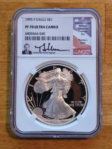1995 P $1 Silver Eagle NGC PF 70 ULTRA CAMEO Thomas J. Uram Signed Flag Label