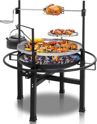 33'' 2 in 1 Fire Pit w/Grills, Wood Burning Adjustable Swivel Cooking Grate BBQ