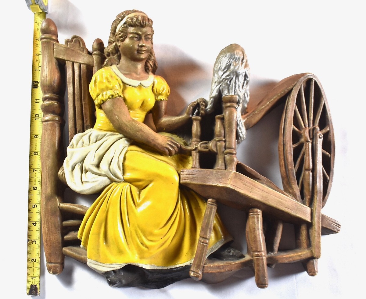 Vintage 1960s Chalkware Wall Hanging Lady at Spinning Wheel